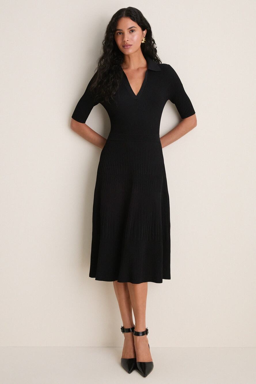 SIMKHAI Pati Polo Ribbed Knit Midi Dress Black
